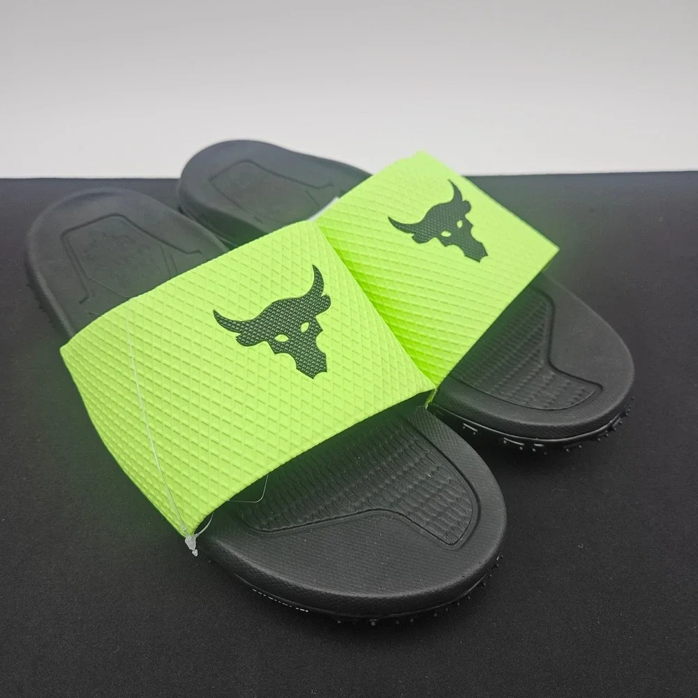 Under‎ Armour Project Rock SL 2.0 Mens Sz 13 Lime Green Black Slides 3025237-302